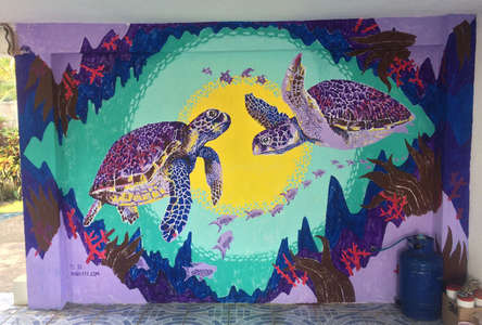 mural of purple turtles