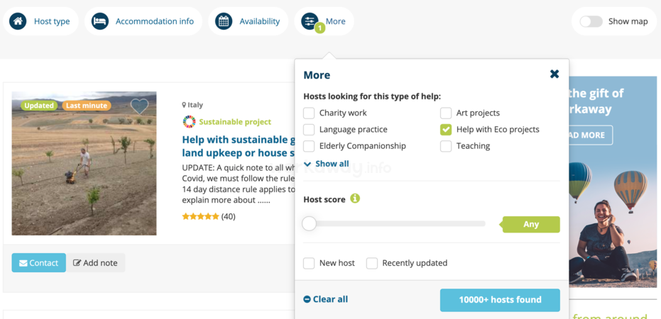 workaway host list preview filter type of help eco projects sustainability volunteering