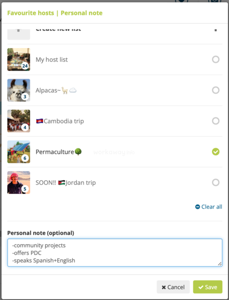 add personal note or category list to favourite host