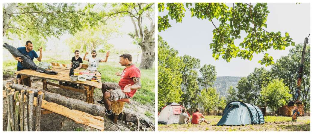 nature-ecofriendly-camping-tribe travellers relaxing next to tents on glamping site workaway community
