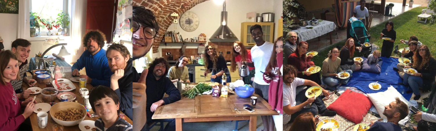 A collage of three photographs, all of a group of people at a meal - far left is a Christmas meal in a family kitchen, in the centre a group of volunteers preparing food, and on the far right a group of people on a sunny day having a picnic in the garden