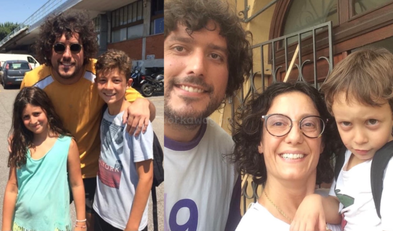 A collage of two shots - on the left Leo poses with a young boy and young girl on a sunny day, on the right he poses with a woman with glasses and short dark hair, and a little boy pulling a funny face