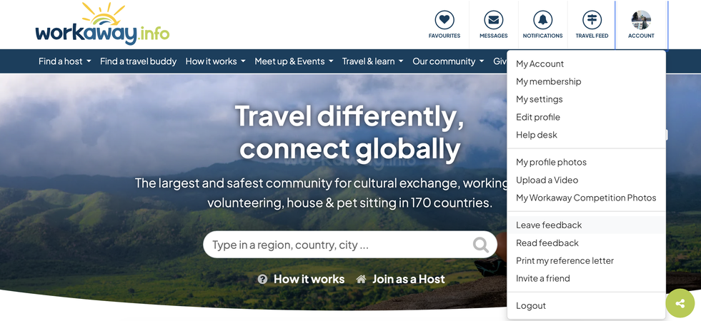 workaway website account settings for logged in users