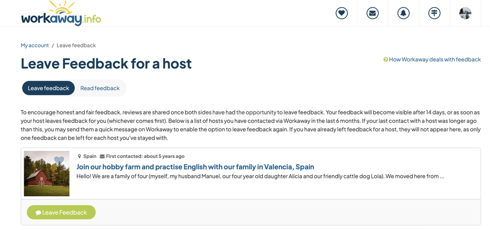 workaway leave feedback for a host preview